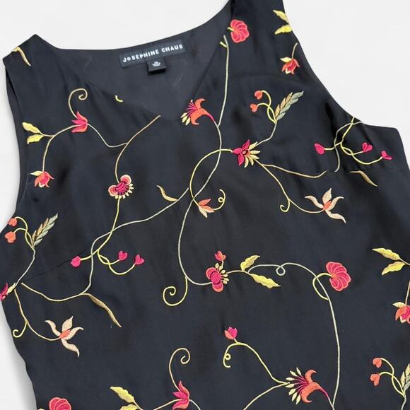 Josephine Chaus Black Silk & Multicolor Floral Embroidered V Neck Dark Fairy Top - Picture 7 of 8